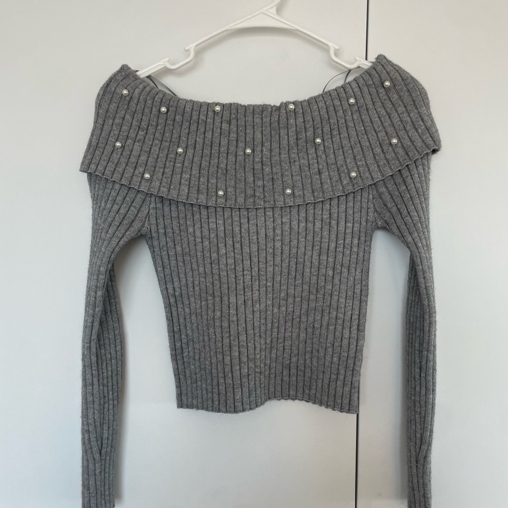 Sweet Rain Charcoal Off-Shoulder Sweater with Pearl Details